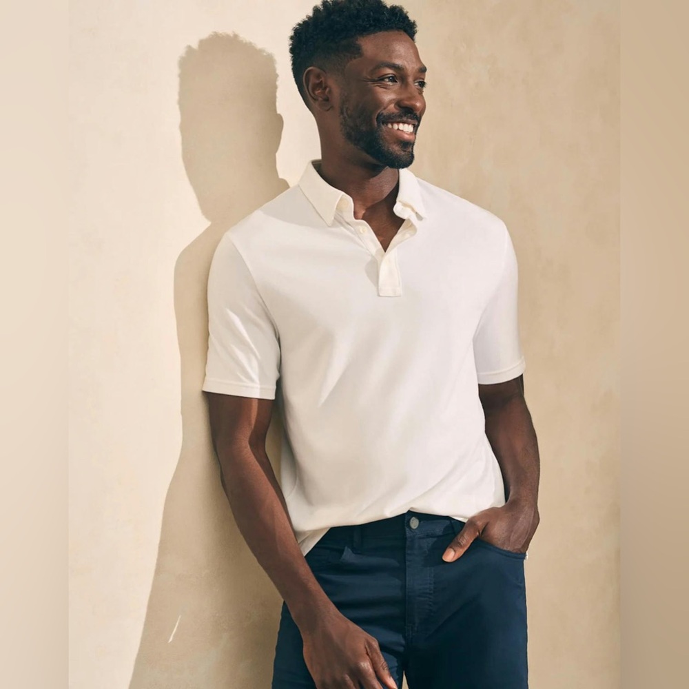 Faherty Movement Short Sleeve Polo Pure White Polo Shirt Size Medium